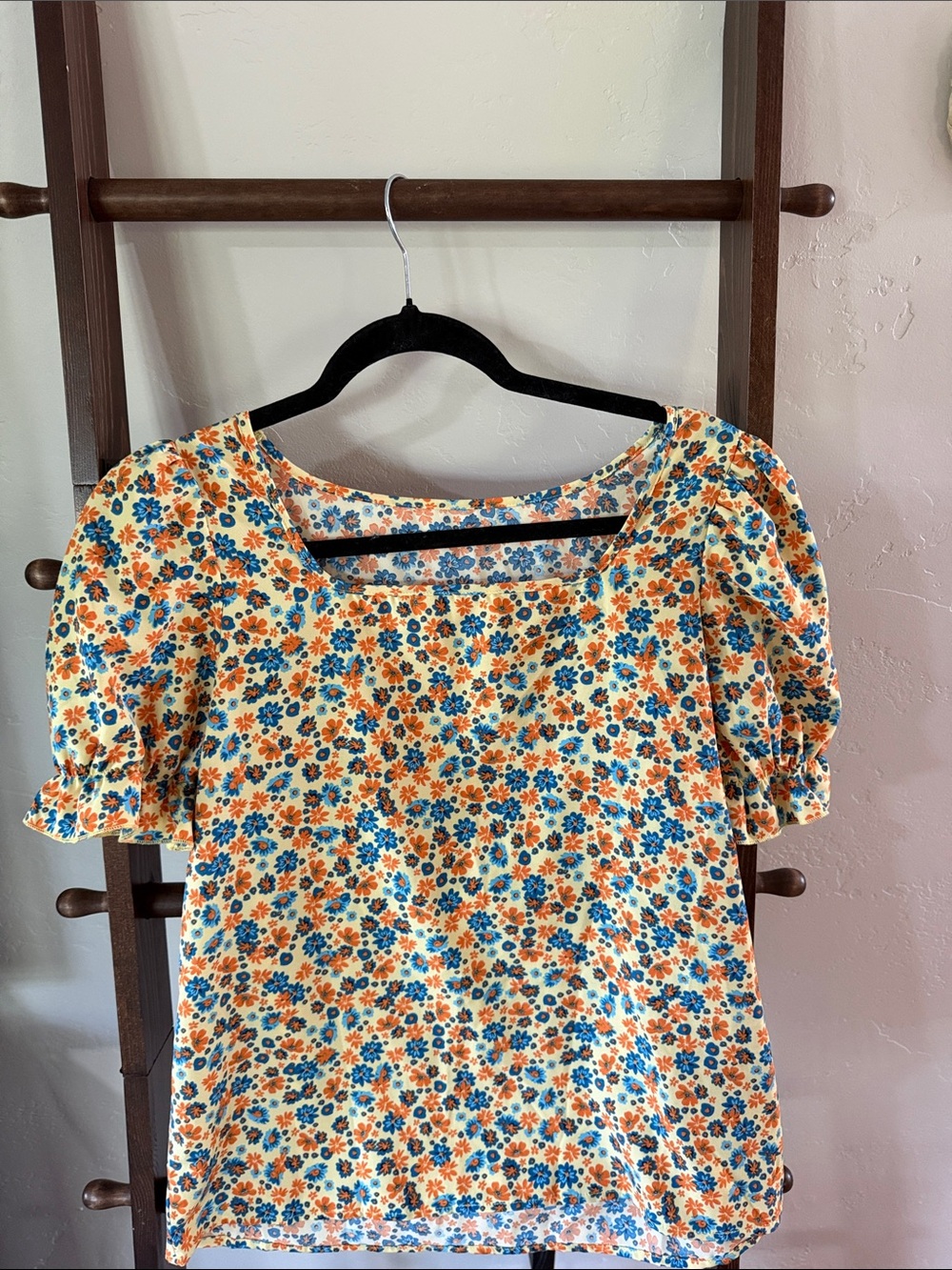 Floral Puff-Sleeve Square Neck Top - Cream with Blue & Orange Floral Print